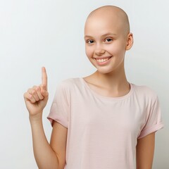 A bald schoolgirl, sick with cancer, smiles. Banner, mockup, free space for text, pointer. Conceptual photo of fighting oncology, hope, therapy, white background, white clothing.