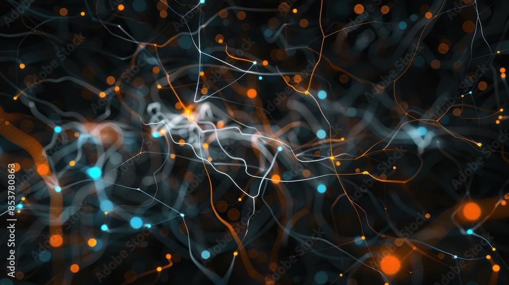 Poster depiction of an intricate network in a digital artwork, featuring interconnected lines and luminous 
