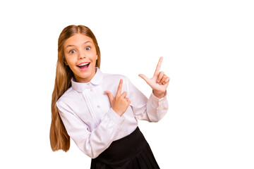 Close-up portrait of nice attractive confident glad cheerful straight-haired pre-teen girl pointing aside advert tips feedback sale discount solution isolated over bright vivid shine yellow background