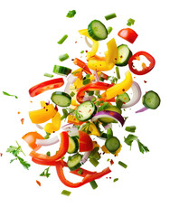Fresh Chopped Vegetables Flying in Mid-Air on Transparent Background PNG