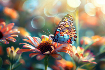 A butterfly perched on a bright flower in a sunny garden with vibrant blooms