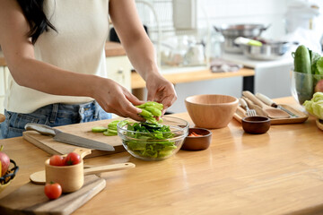 A cropped image of a woman slicing a cucumber with a knife on a cutting board at a kitchen table, cooking in the kitchen. healthy food, home cooking, wellness eating, domestic life