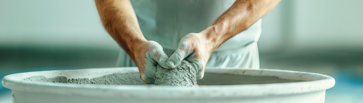 Close-up of hands molding clay in a pottery workshop. Creative process of shaping ceramic material, emphasizing craftsmanship and artistic skill.