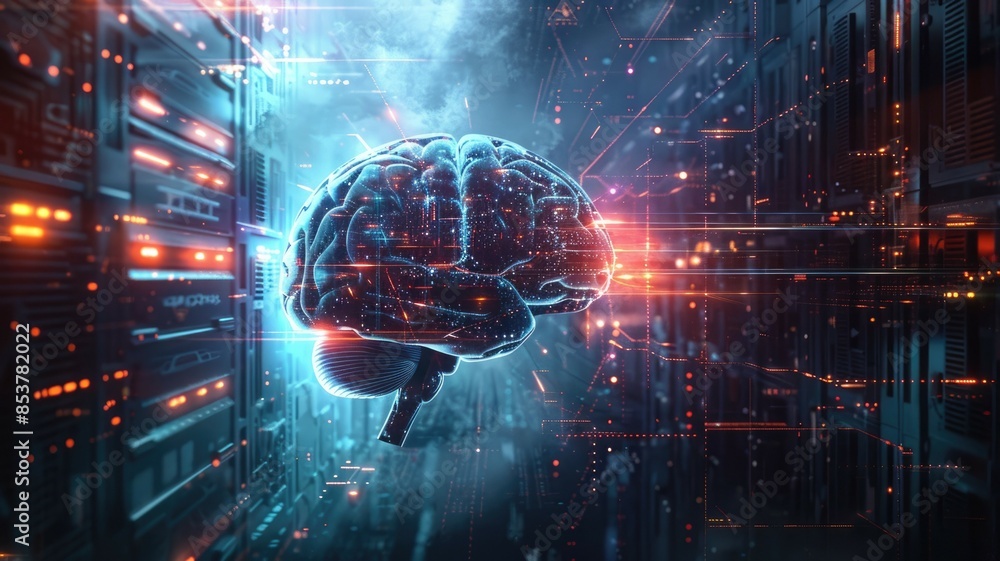 Poster a digital brain is depicted, showcasing illuminated neural network connections, symbolizing ai and t