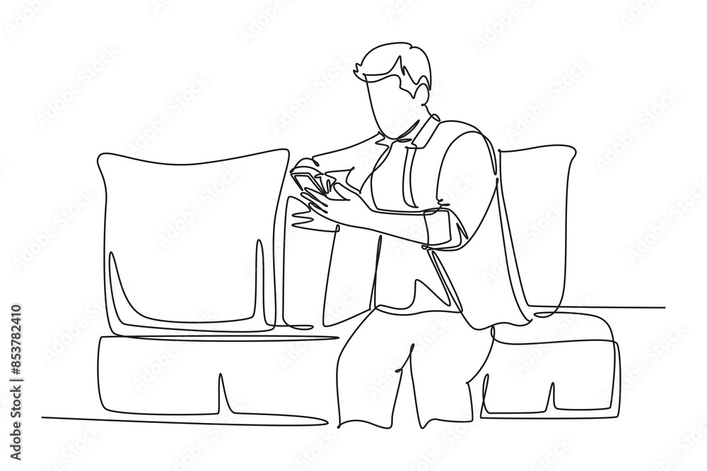 Aufkleber continuous one line drawing of young relax business man sitting on sofa while writing message text t