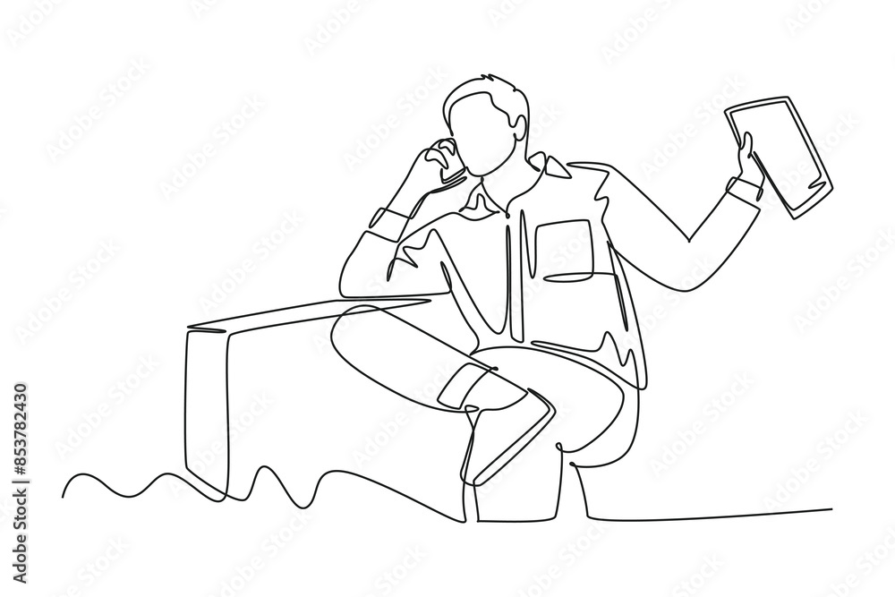 Aufkleber continuous one line drawing young man startup founder reading company annual report on tablet and ca