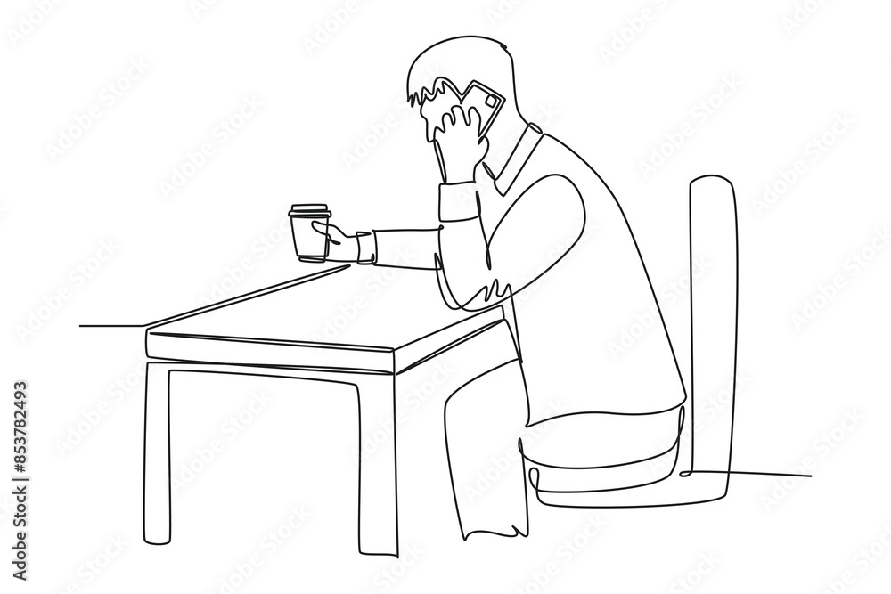 Poster continuous one line drawing side view male employee get call from his manager and asking to explain 