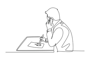 Continuous one line drawing back view startup CEO writing business deal draft on paper and consulting with his mentor on phone. Business mentoring. Single line draw design vector graphic illustration
