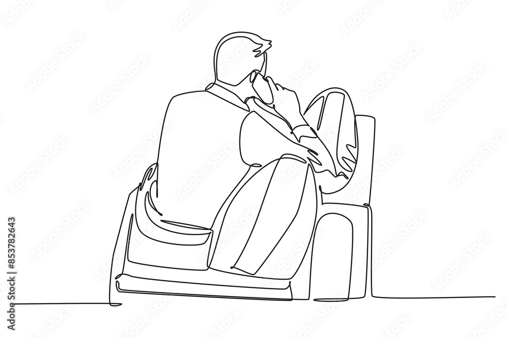 Aufkleber single continuous line drawing back view of male manager sitting on office sofa during calling team 