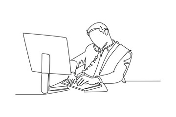 Single continuous line drawing young male company director giving short brief through phone call to his team member from office. Business talk concept. One line draw graphic design vector illustration