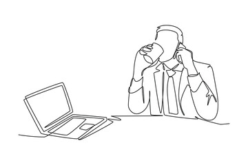 Single one line drawing young busy male employee holding smartphone during drinking a cup coffee and reading business journal on laptop. Modern continuous line draw design graphic vector illustration