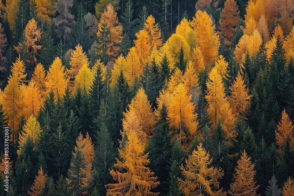 Poster a mesmerizing view of a dense forest in autumn with vibrant yellow and green trees, capturing the es