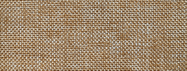 Texture brown background from woven textile with wicker pattern, macro. Structure vintage beige fabric