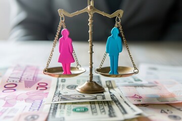 ?oncept of gender equality. Scales with pink female figure and blue male figure. Equivalence, equal rights, gender equality, different genders social issues , wage gap, pay disparity, equal pay issues