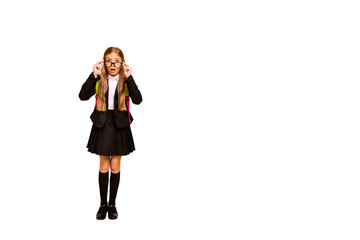 Full size photo of astonished kid have bag backpack rucksack standing isolated over yellow background