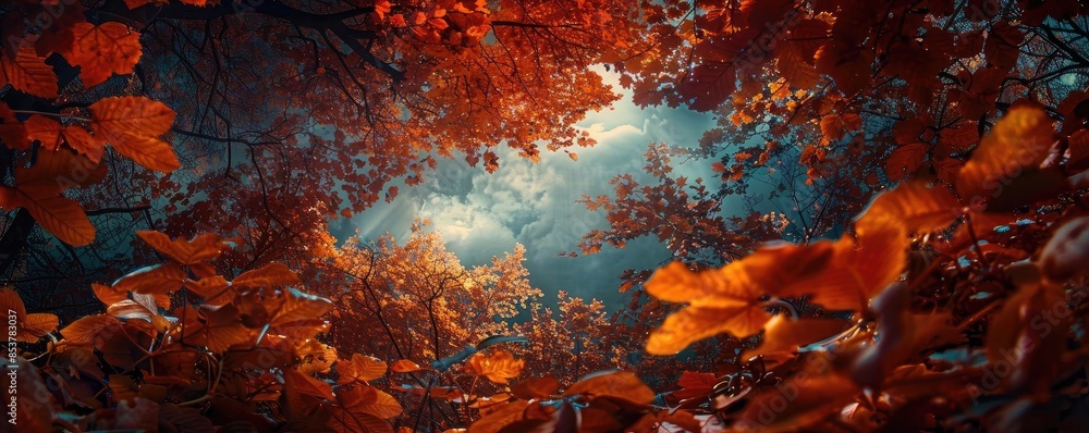 Aufkleber Enchanting forest scene with vibrant red foliage and sunlight filtering through the trees, creating a magical atmosphere.