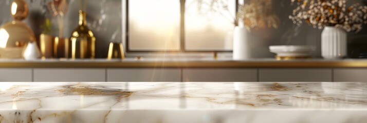 White Gold Kitchen Countertop on Blurred Background, Luxury Table Mockup, Generative AI Illustration