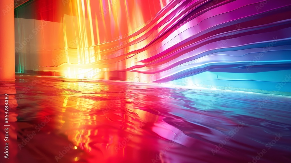 Poster photograph of a motion blur image of a rainbow in red with ambient light.