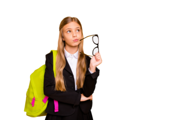 Portrait of concentrated child hold hand eyewear eyeglasses have thoughts isolated over yellow background
