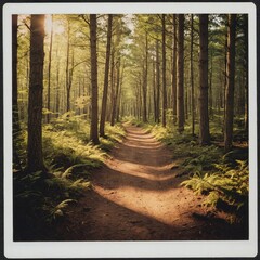 Fototapeta premium Golden Tranquility Forest Trail Polaroid Snapshot