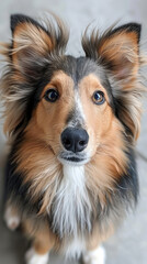 Close-up Shetland Sheltie Sheepdog looking front with head tilted and want to play expression with a light gray background