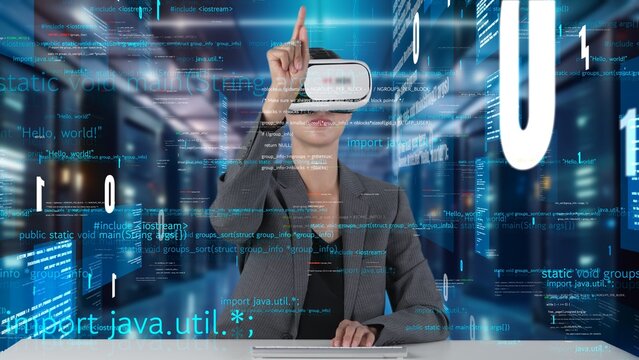 IT developer typing computer code for analyzing intelligent website development coder system data selection by VR innovation interface digital network technology visual hologram server. Contraption.
