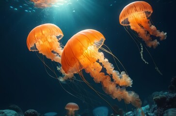 Fototapeta premium Jellyfishes underwater scene