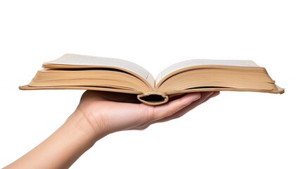 hand holding open vintage book page view from side isolated on white background