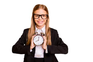 Portrait of attractive kid hold hand clock wear stylish eyeglasses eyewear no overtime late isolated over yellow background