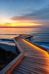 a wooden walkway leading to the ocean at sunset