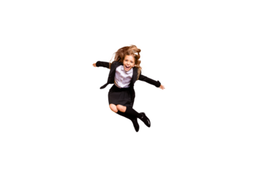 Full body photo of funny funky child laughing have free time isolated over yellow background