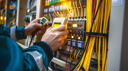 Electricity and electrical maintenance service, Engineer hand holding AC voltmeter checking electric current voltage at circuit breaker terminal and cable wiring main power distribution board