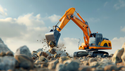 Precision in Action: Hydraulic Excavator Arm Lifting Massive Rock in Rocky Terrain