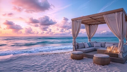 a couch on the beach with a canopy over it