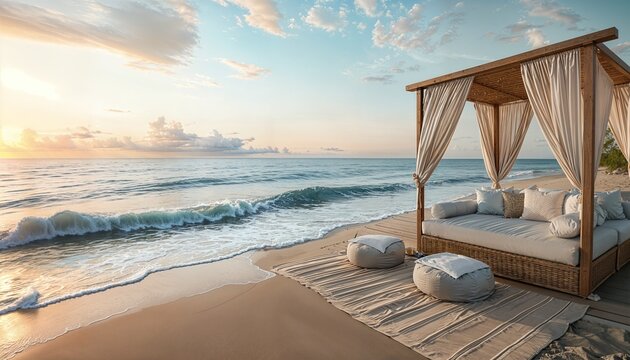 a bed sitting on top of a sandy beach next to the ocean