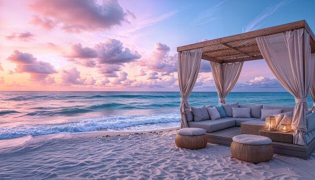 a couch on the beach with a canopy over it