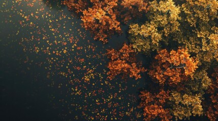 Aerial view of vibrant autumn foliage in shades of orange and yellow, scattered leaves on the dark water surface creating a stunning seasonal landscape.