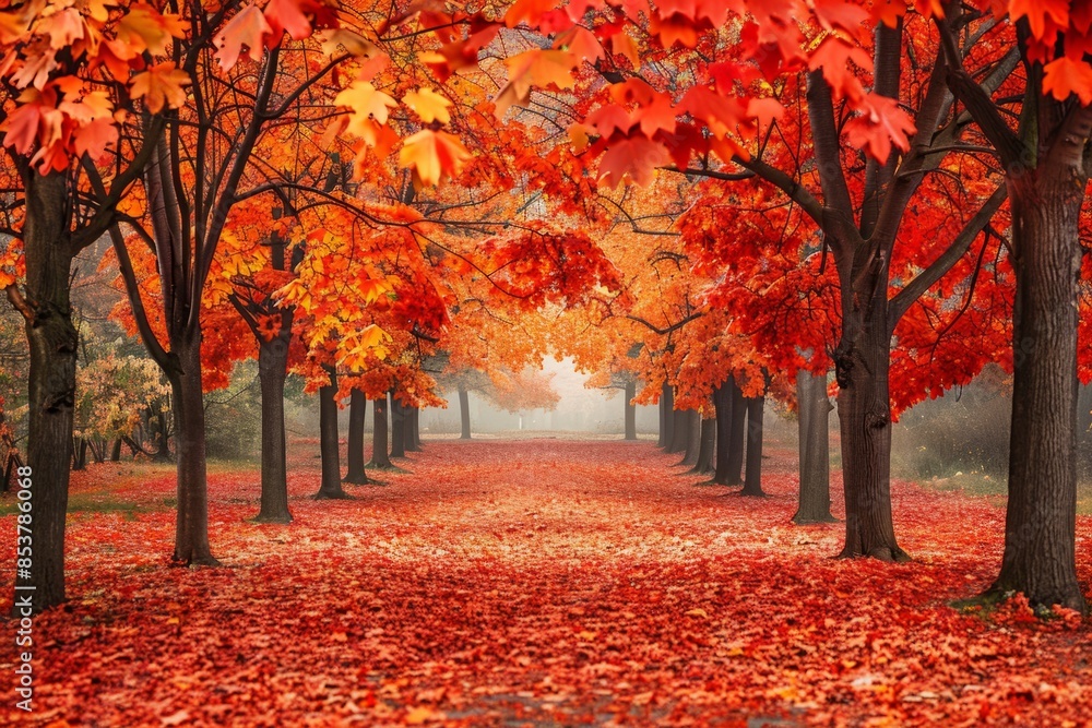 Wall mural red maple tree in the park with fallen leaves in the park during the autumn season is on the backgro