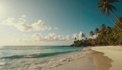 An inviting tropical beach with a tall palm tree, soft sand, and the gentle waves of the ocean sparkling under the sunlight