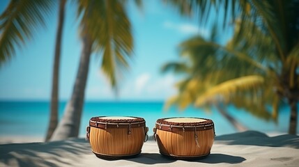 Miniature bongos on tropical beach, coconut tree, clear sky, turquoise sea waves, vacation vibes
