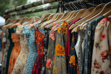 A variety of colorful floral dresses on wooden hangers, displayed in an outdoor thrift store.
