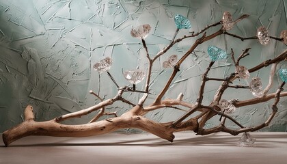 Rustic Decor: Wooden Branches on Plastered Wall with Crystal Detail