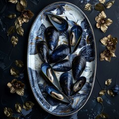 Blue Mussels on Dark Leaves and Flowers Background Top View, Delicacy Seafood Dish