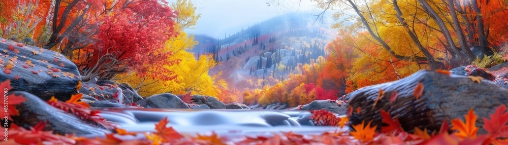 Poster beautiful river with vibrant autumn foliage and mountain in the background, creating a serene and co