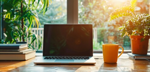 Fototapeta premium a laptop and coffee mug on an office desk, with natural light streaming in through the window.