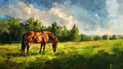 Oil painting, art, pc picture, wallpaper, horse in green field, trees