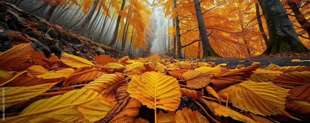 Poster a captivating autumn forest scene with a carpet of golden leaves on the ground and tall trees illumi