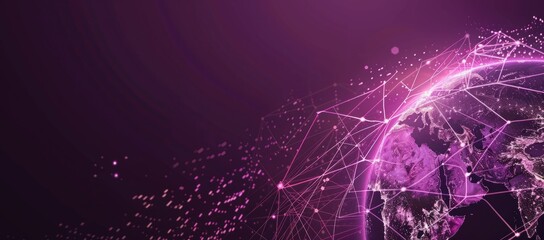 Fototapeta premium Abstract digital planet Earth with glowing connections lines on a dark purple background