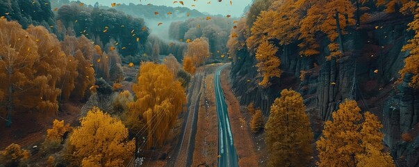 Scenic autumn railway landscape with colorful foliage, winding tracks, and vibrant trees under a cloudy sky, perfect for seasonal travel themes.