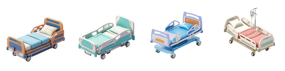 Naklejka premium Isometric 3D Rendering of Four Hospital Beds with Different Features
